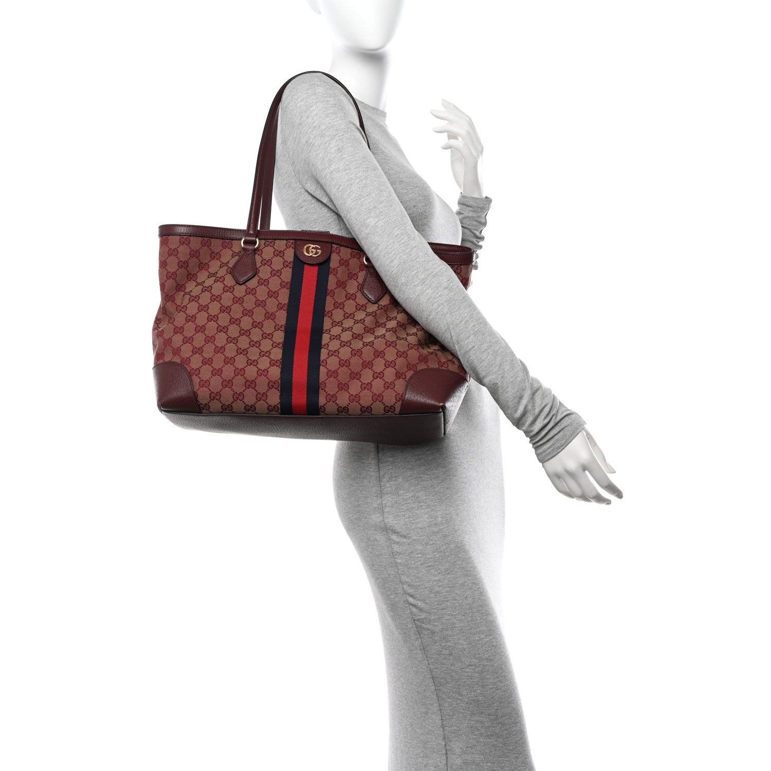 Gucci Monogram Textured Dollar Calfskin Web Medium Ophidia Shopping Tote Sahara Rubino Chardonnay 2 of 13