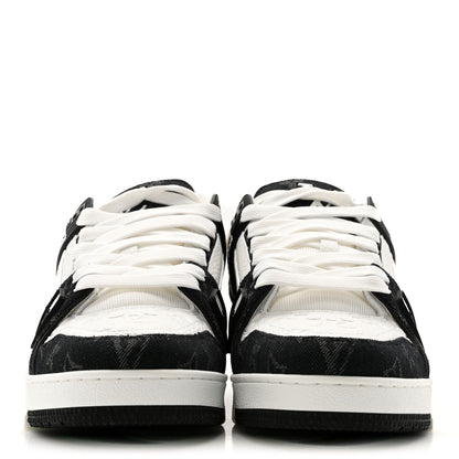 Louis Vuitton Calfskin Embossed Monogram Denim Mens LV Trainer Sneakers 8 Black 3 of 10
