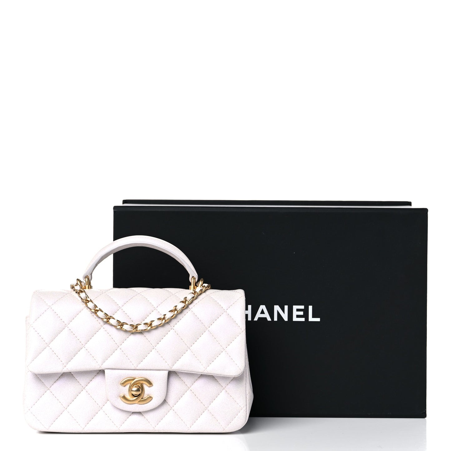 Iridescent Lambskin Quilted Mini Top Handle Rectangular Flap White