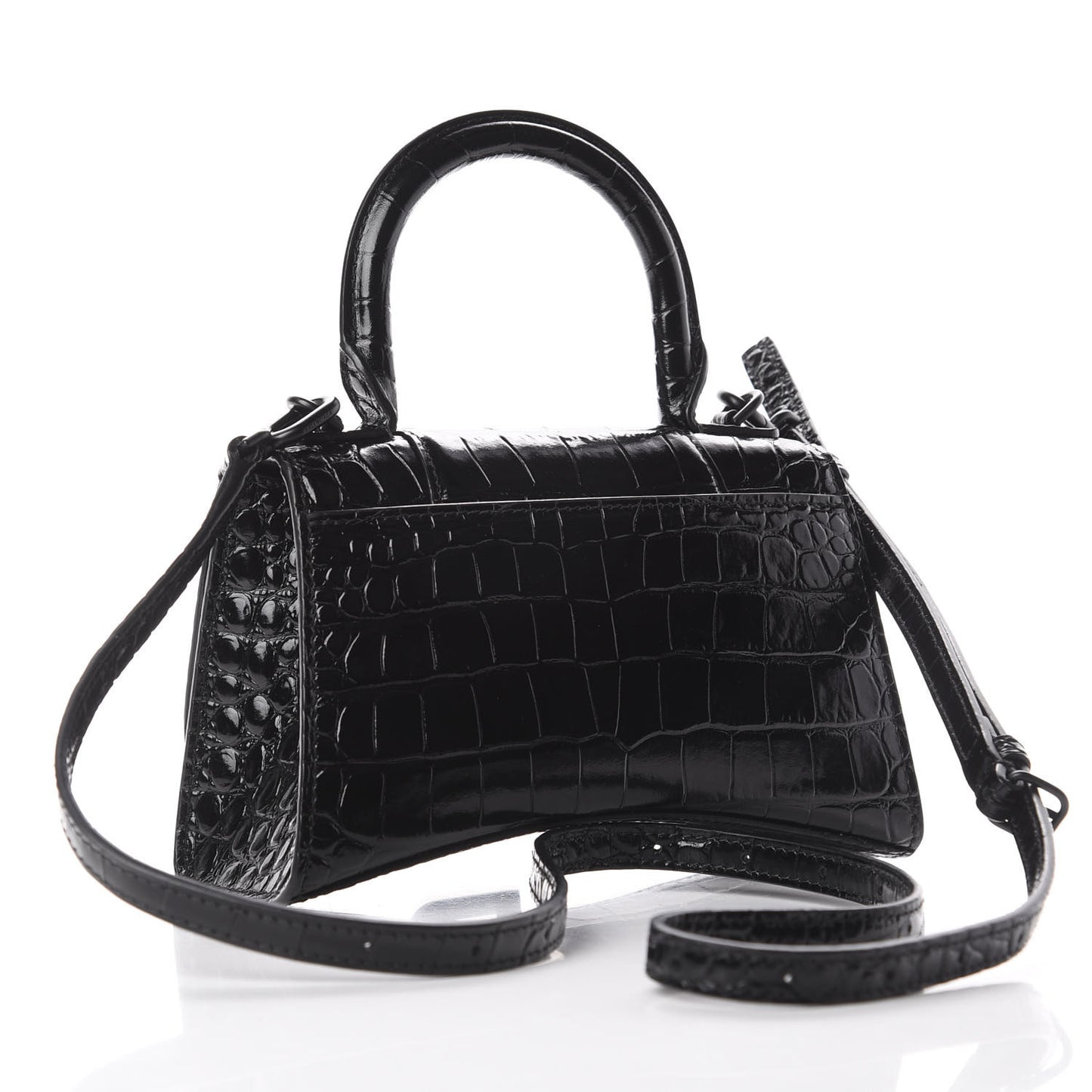 Shiny Calfskin Monochrome Crocodile Embossed Hourglass Top Handle Bag XS Black