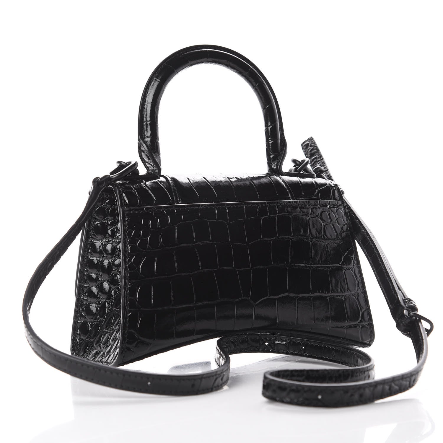 Balenciaga Shiny Calfskin Monochrome Crocodile Embossed Hourglass Top Handle Bag XS Black 2 of 8