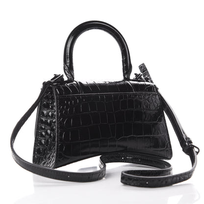 Balenciaga Shiny Calfskin Monochrome Crocodile Embossed Hourglass Top Handle Bag XS Black 2 of 8