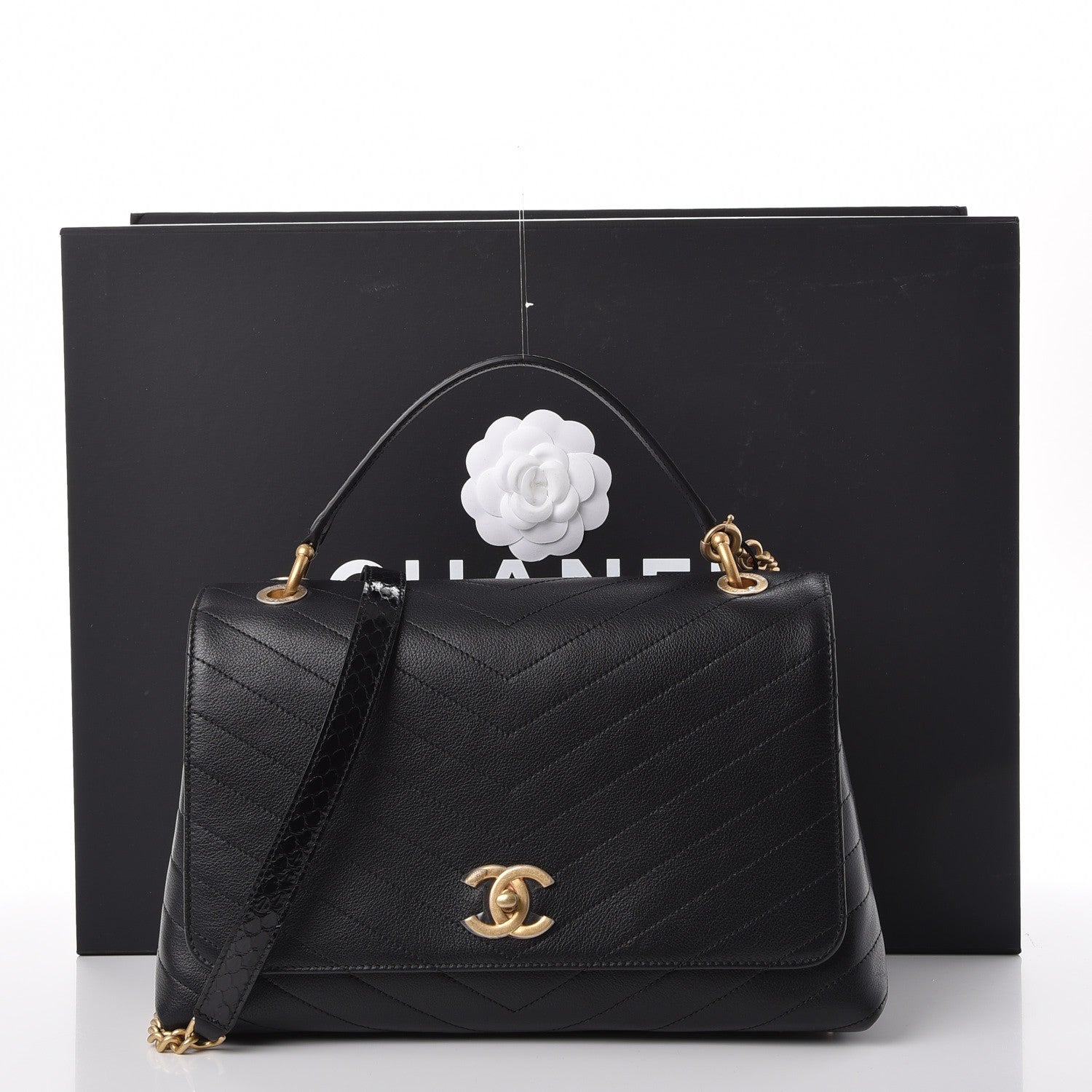 Chanel Grained Calfskin Elaphe Stitched Medium Chevron Chic Top Handle Flap Black 8 of 8