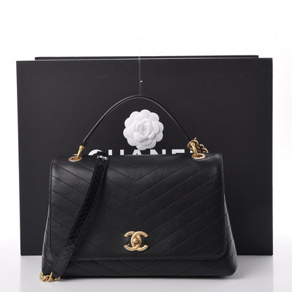 Chanel Grained Calfskin Elaphe Stitched Medium Chevron Chic Top Handle Flap Black 8 of 8