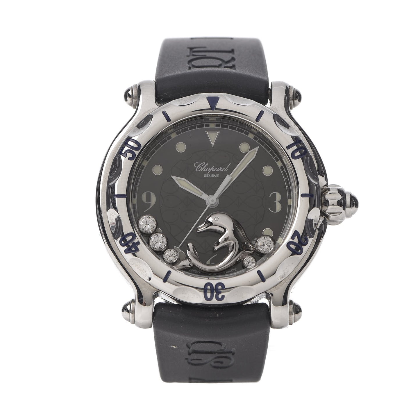 Stainless Steel Rubber 5 Diamond 38mm Happy Sport Dolphin Quartz Watch Black