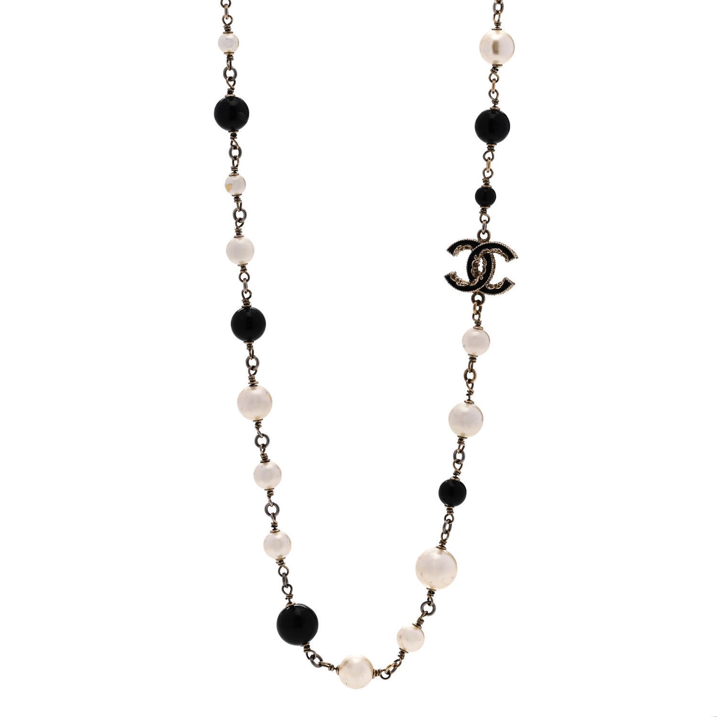 Pearl Enamel Beaded CC Baroque Long Necklace Black White Gold