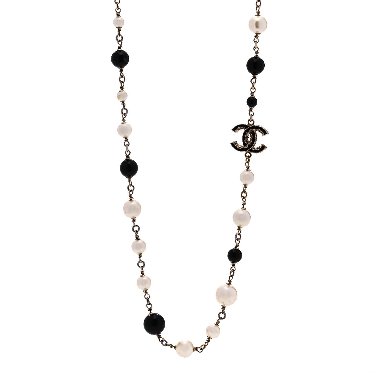 Chanel Pearl Enamel Beaded CC Baroque Long Necklace Black White Gold 1 of 8