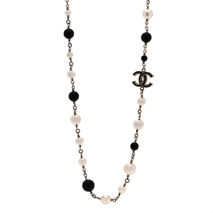 Chanel Pearl Enamel Beaded CC Baroque Long Necklace Black White Gold 1 of 8