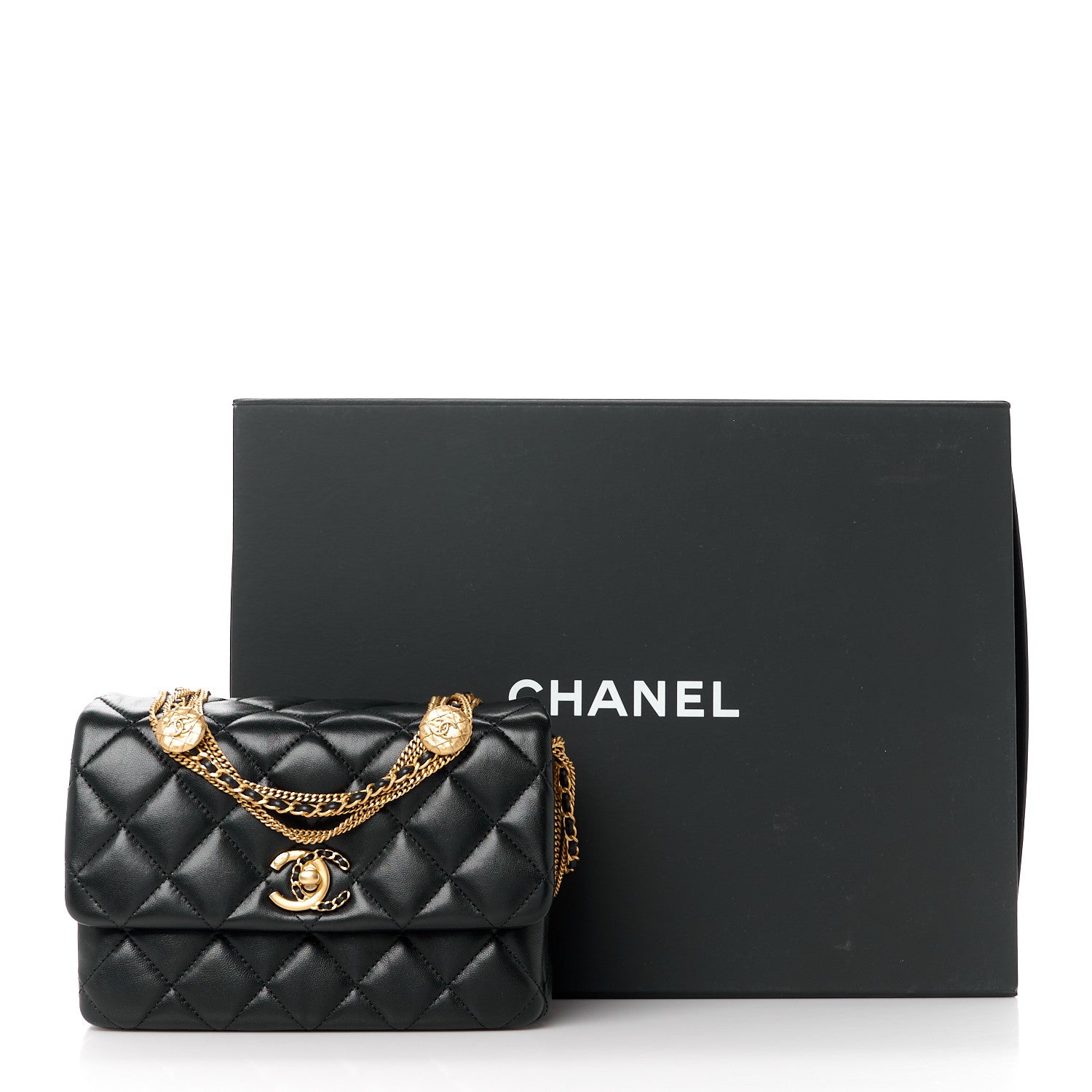Chanel Lambskin Quilted Mini Medallion Multi Chain Flap Black