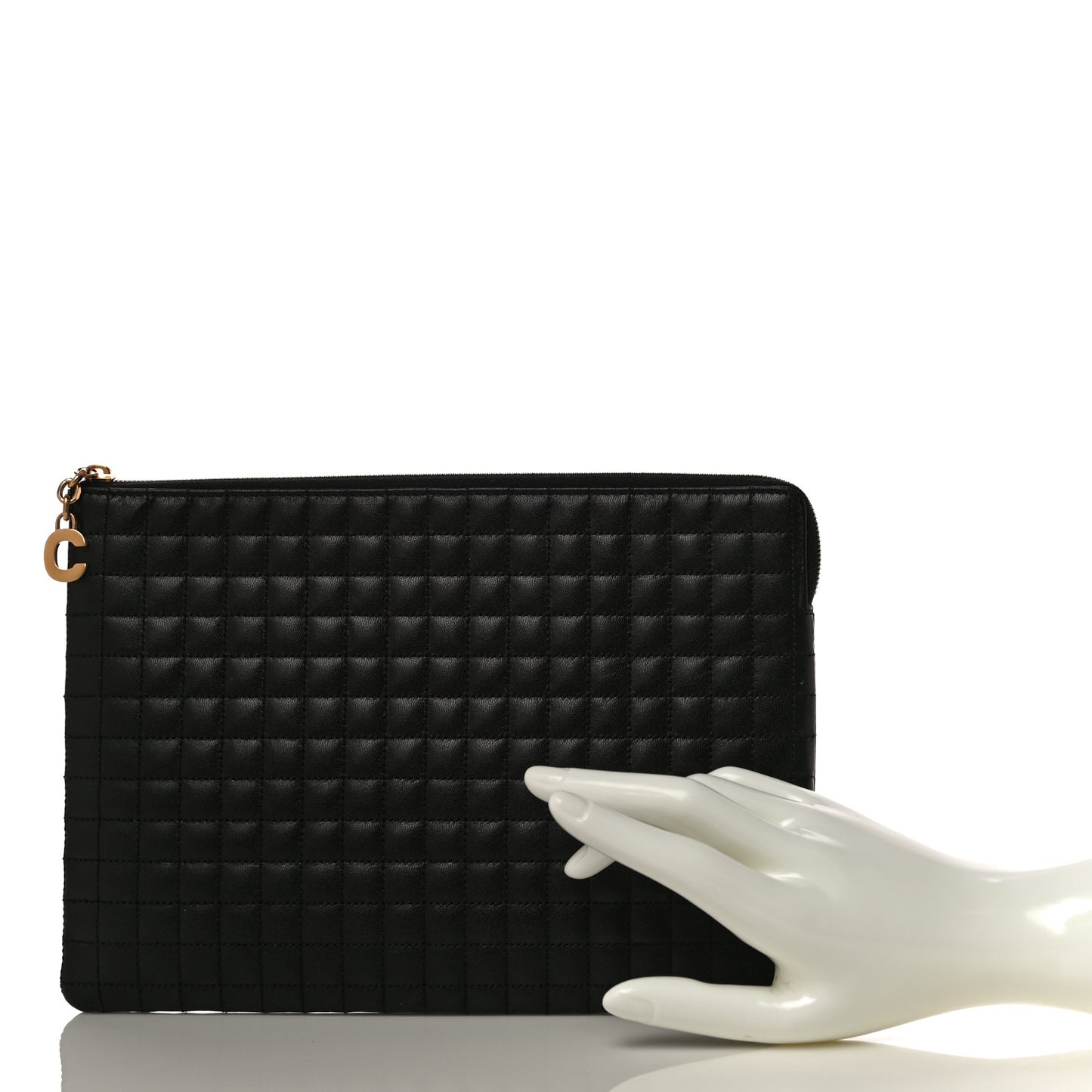 Calfskin Quilted C Charm Pouch Black