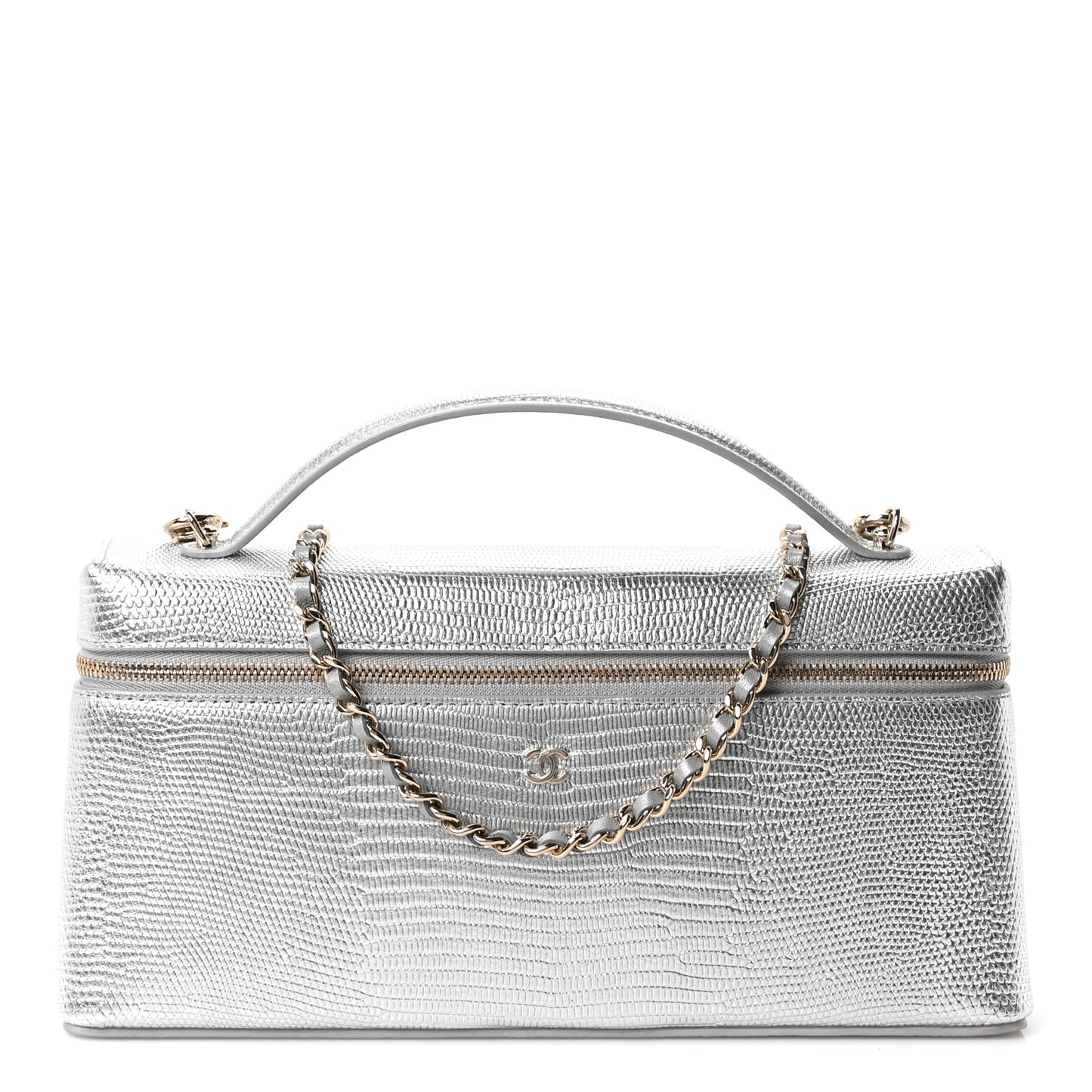 Lizard Embossed Top Handle Slim Vanity With Chain Silver