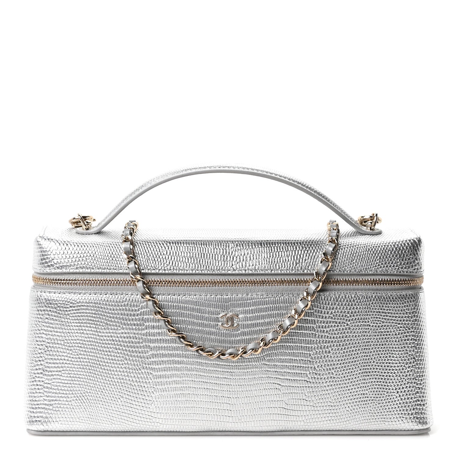 Chanel Lizard Embossed Top Handle Slim Vanity With Chain Silver 1 of 10
