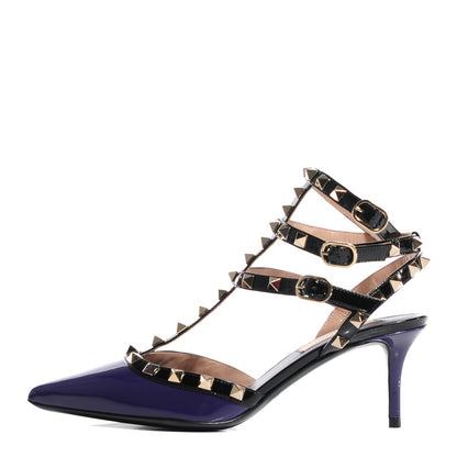 Valentino Garavani Patent Rockstud Ankle Strap Low Heel Pumps 36.5 Purple Black 1 of 6
