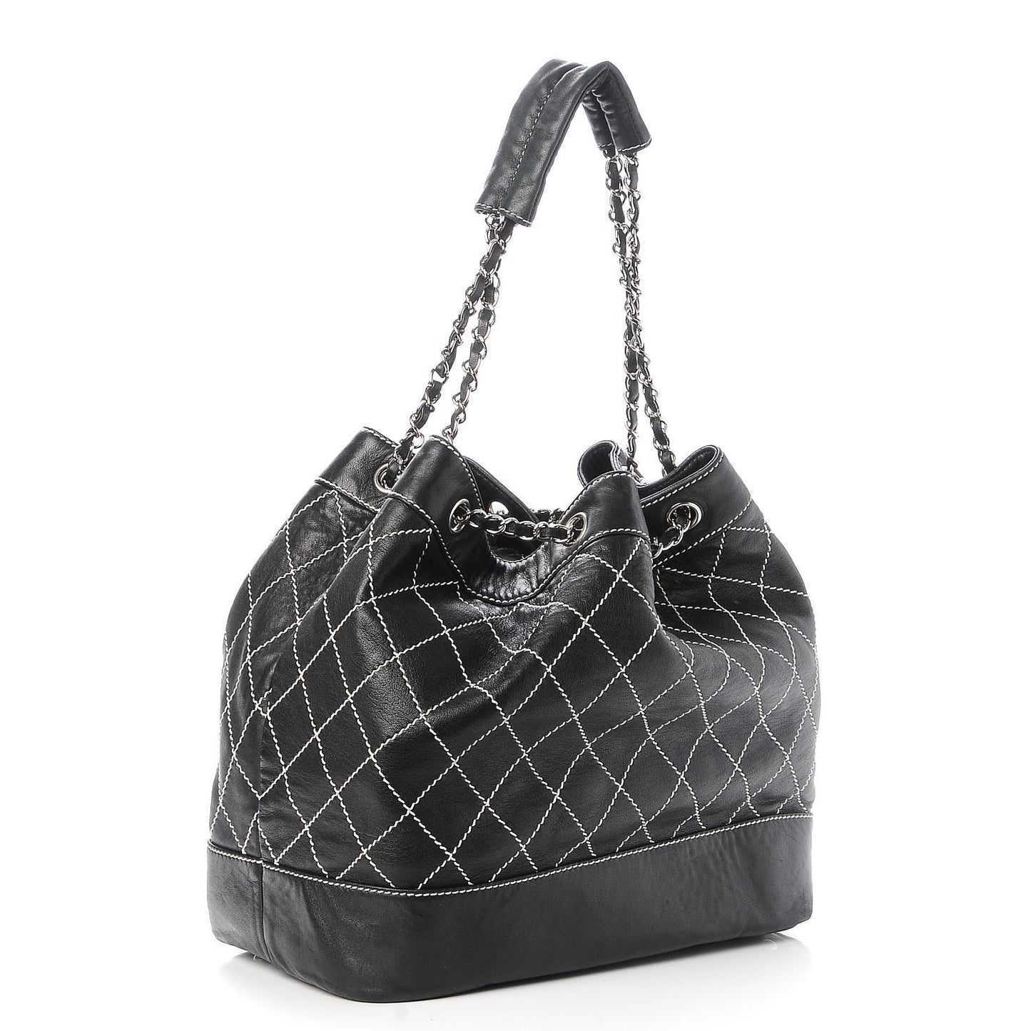 Lambskin Contrast Stitch Large Drawstring Tote Black
