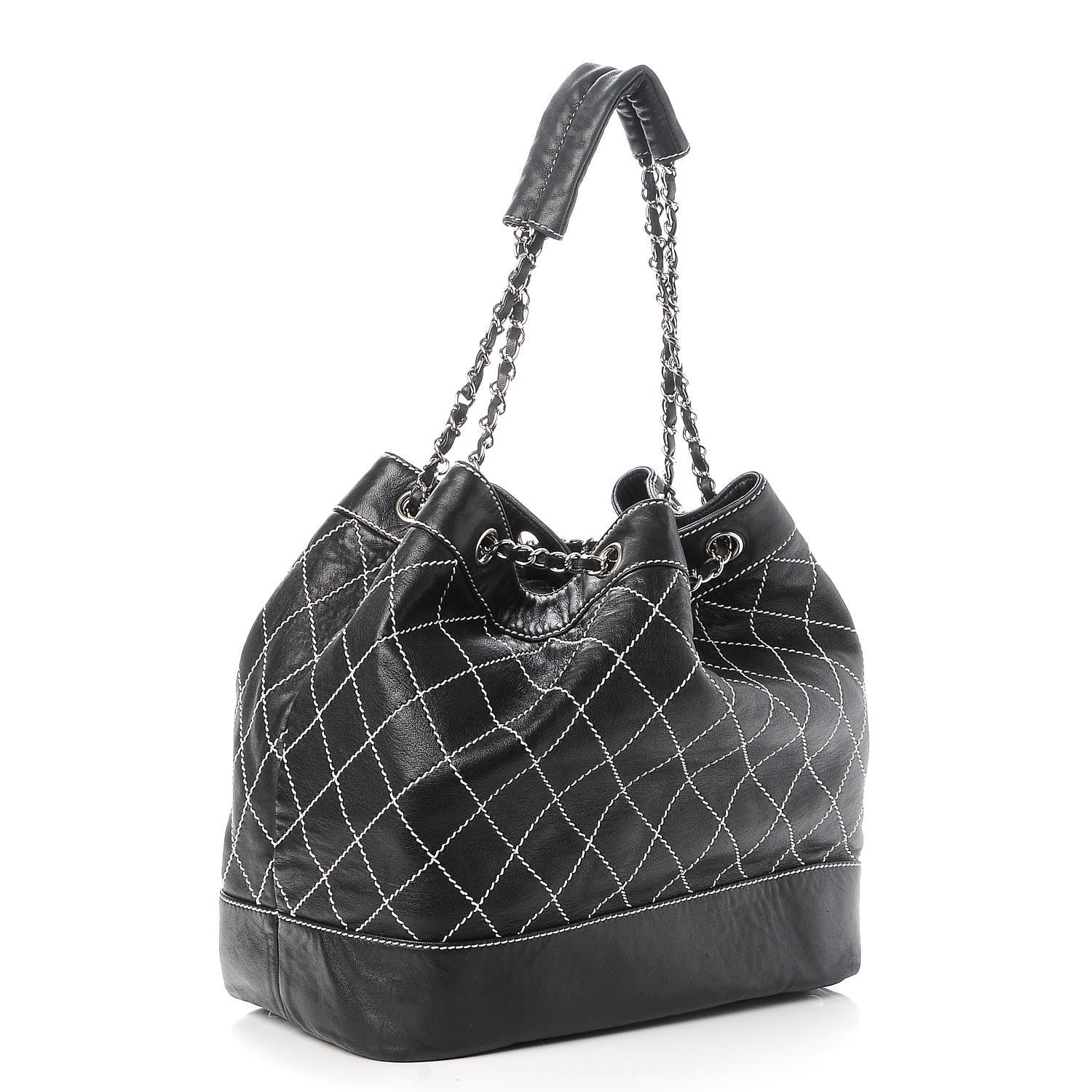 Chanel Lambskin Contrast Stitch Large Drawstring Tote Black 3 of 10