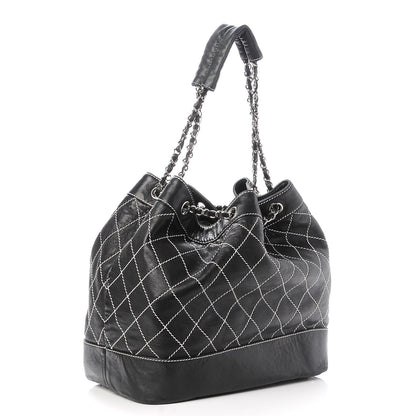 Chanel Lambskin Contrast Stitch Large Drawstring Tote Black 3 of 10