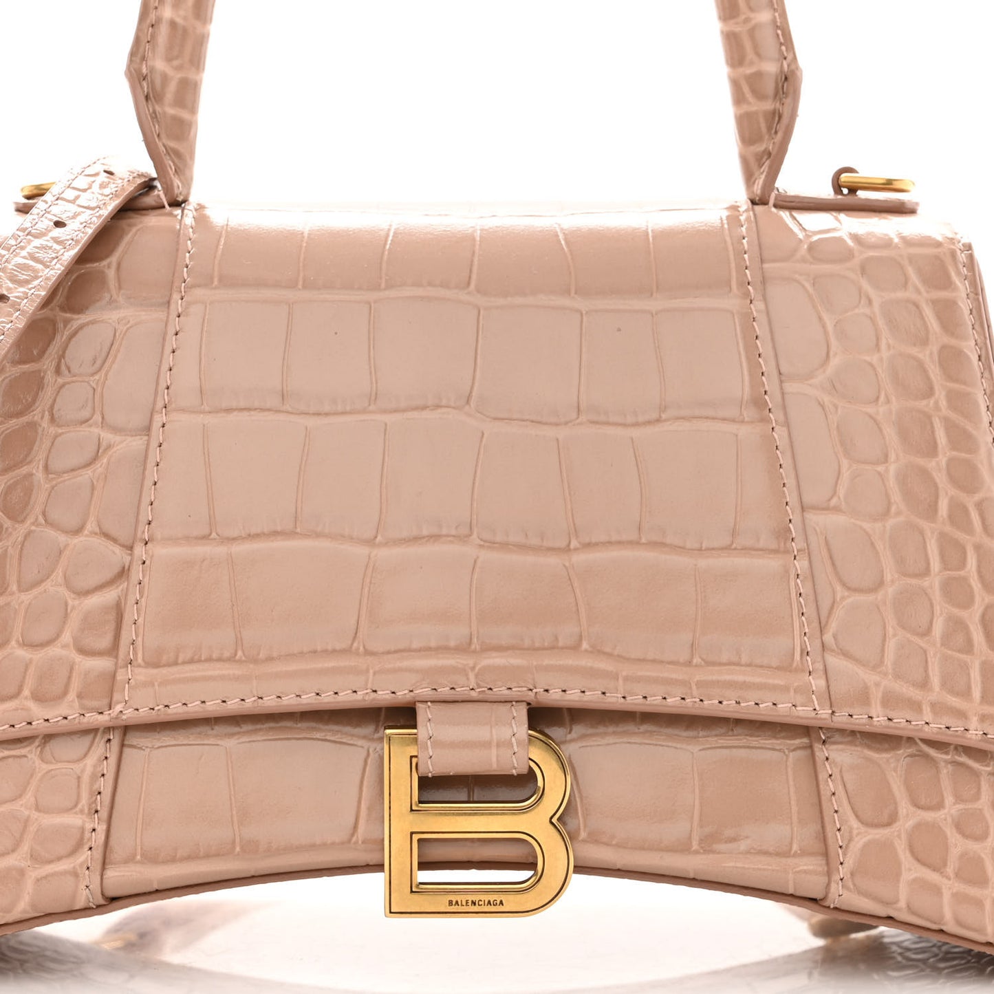 Shiny Calfskin Crocodile Embossed Small Hourglass Top Handle Bag Nude Beige