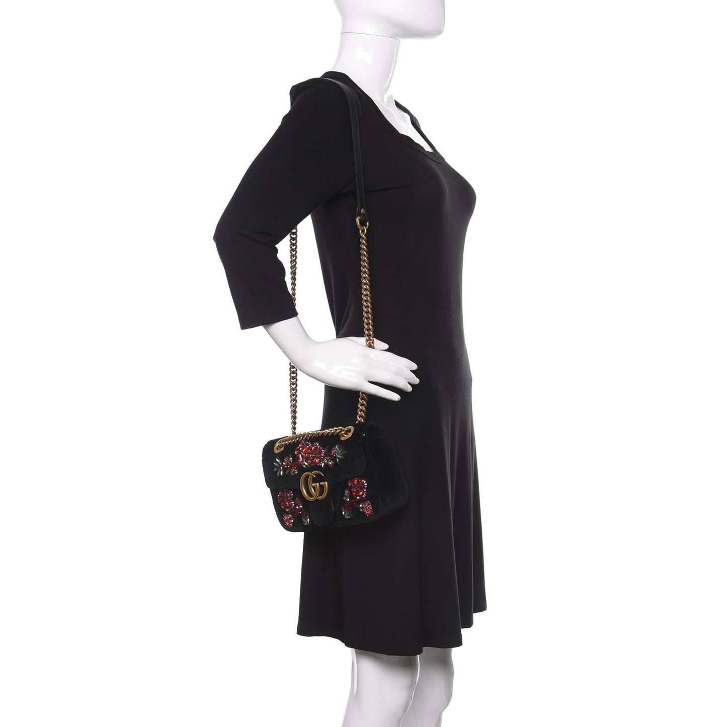 Velvet Matelasse Embroidered Mini GG Marmont Shoulder Bag Black
