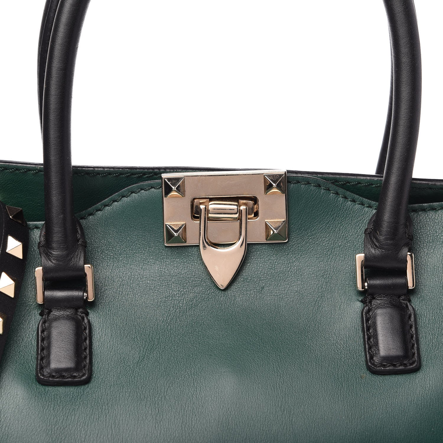 Valentino Garavani Vitello Bi-Color Small Rockstud Double Handle Tote Green Black 9 of 9