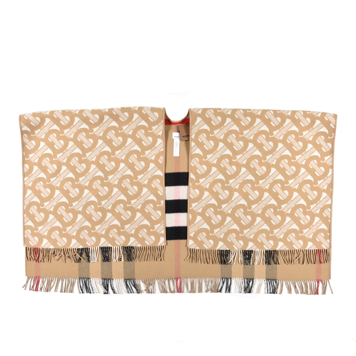 Wool Cashmere Lambskin Monogrammed TB Print Half Mega Check Cape Scarf Archive Beige