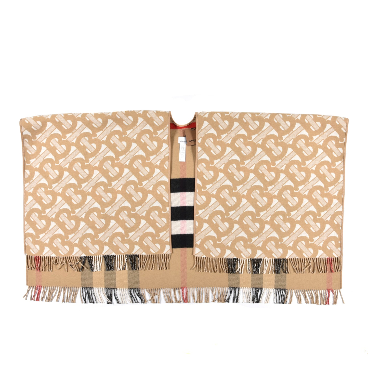 Burberry Wool Cashmere Lambskin Monogrammed TB Print Half Mega Check Cape Scarf Archive Beige 1 of 4