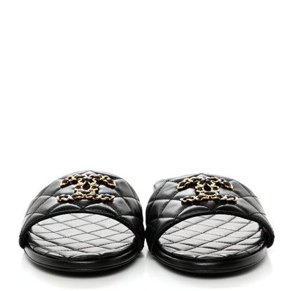 Chanel Shiny Goatskin Quilted CC Mules Sandals 40.5 Black 2 of 8