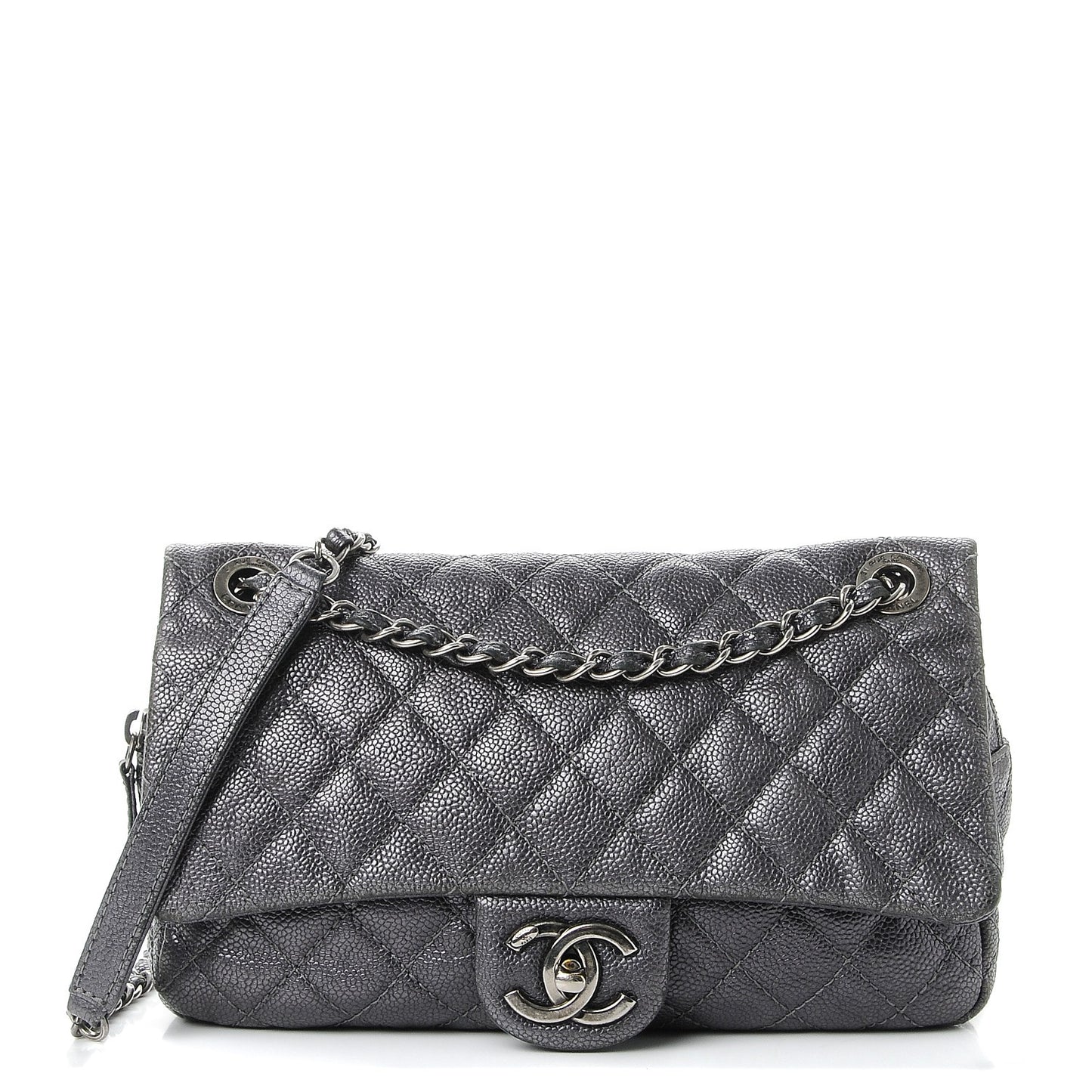 Iridescent Caviar Quilted Small Chic Flap Dark Silver
