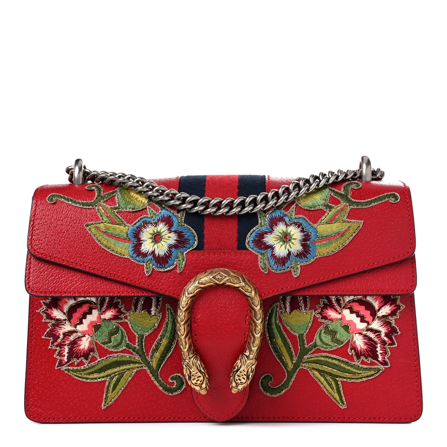 Calfskin Web Floral Embroidered Small Dionysus Shoulder Bag Hibiscus Red