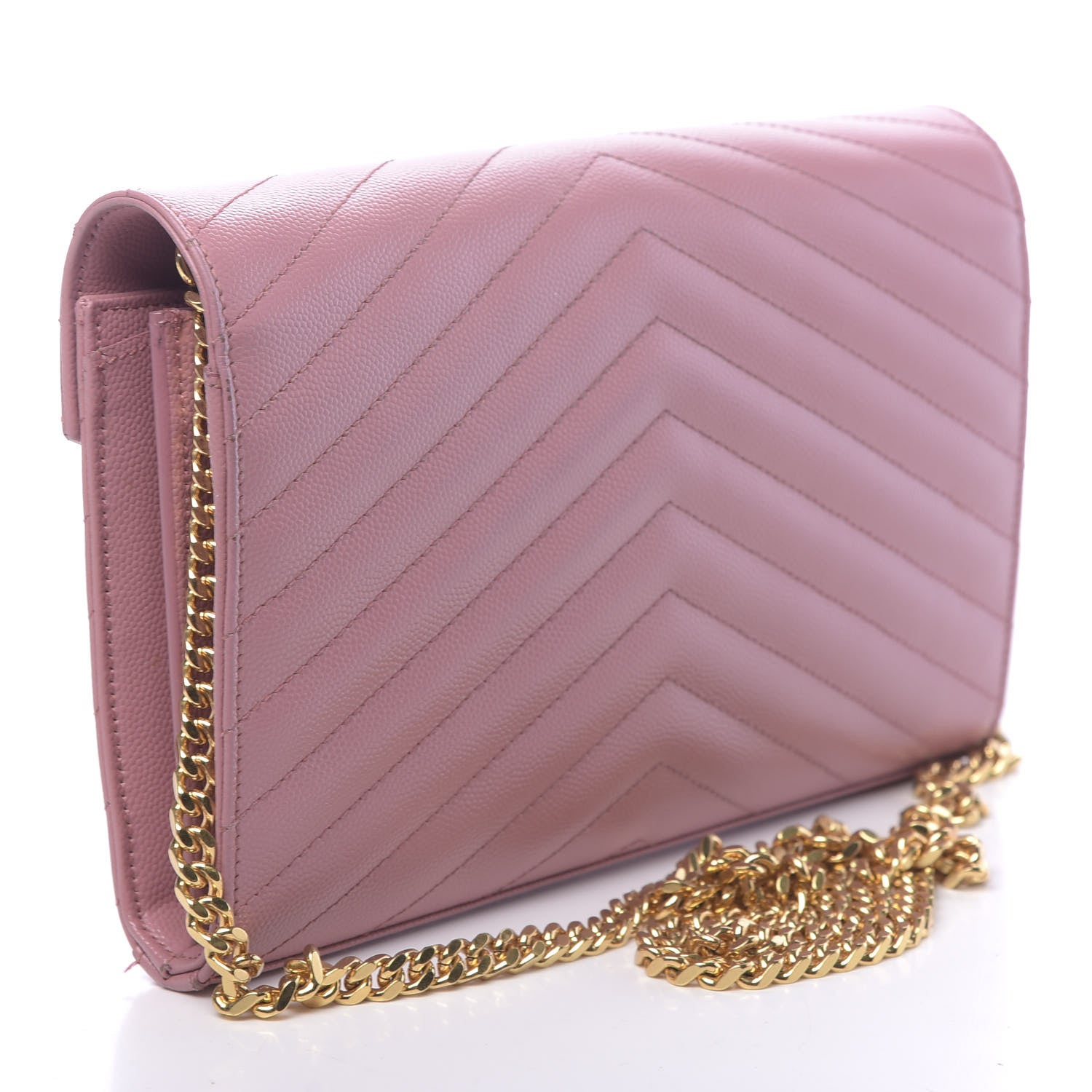 Saint Laurent Grain De Poudre Matelasse Chevron Monogram Chain Wallet Tender Pink 3 of 13
