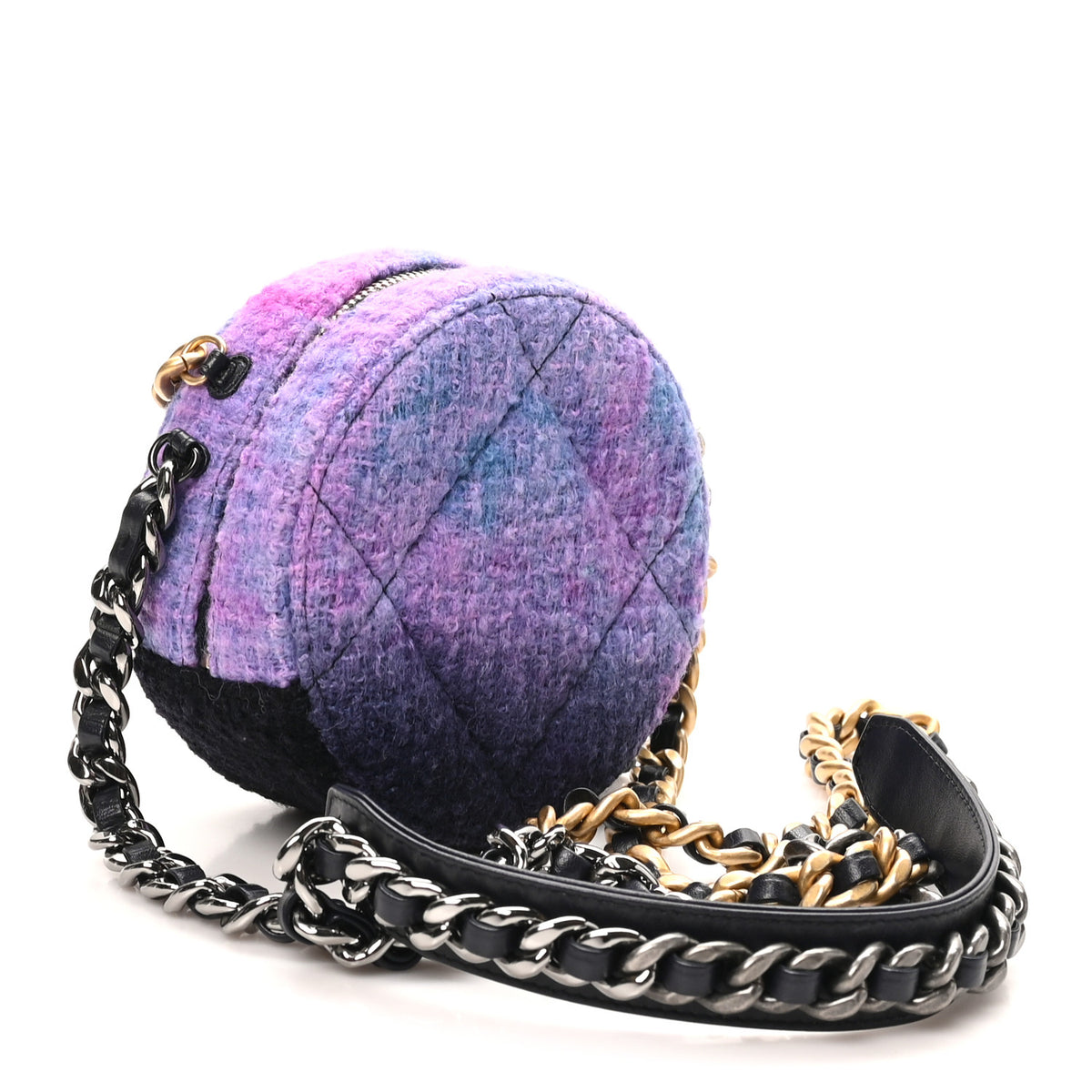 Wool Tweed Chanel 19 Round Clutch With Chain Purple Black Blue