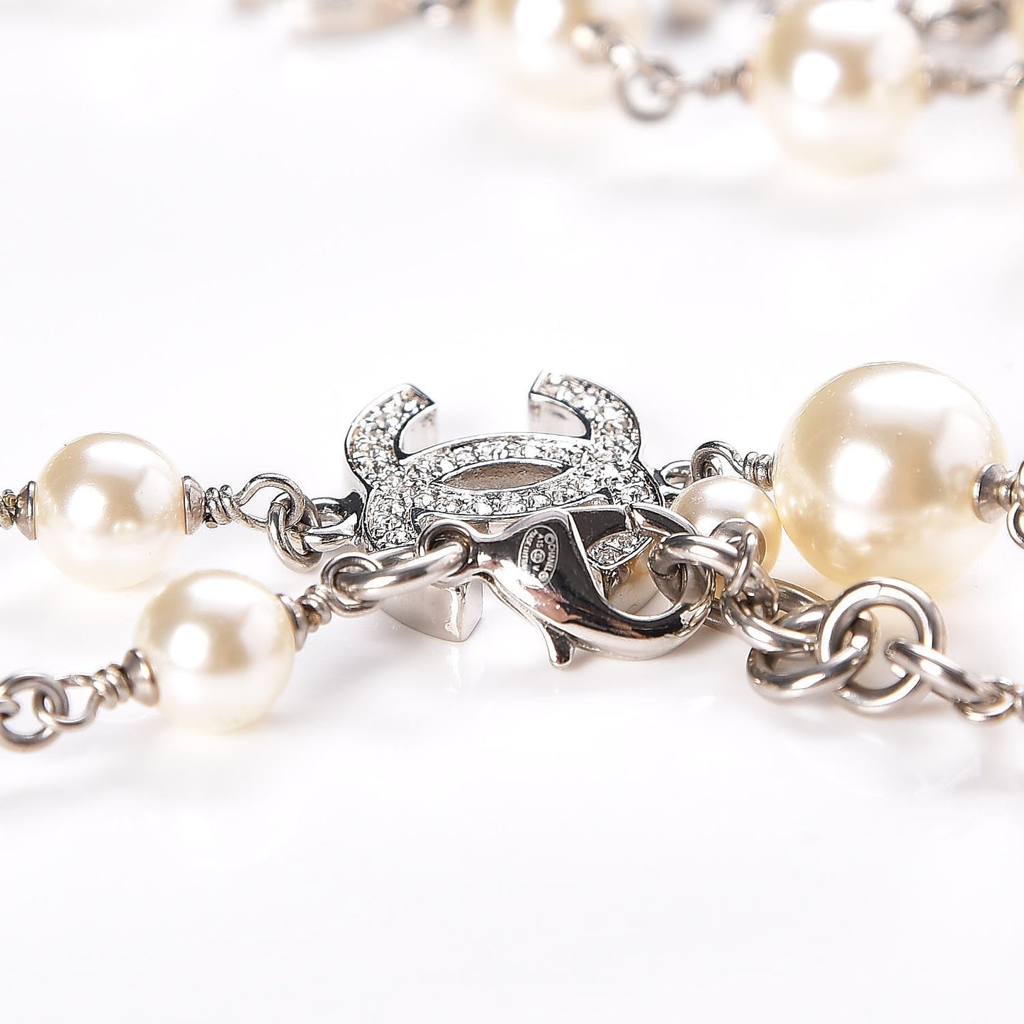 Graduated Pearl Crystal CC Long Necklace Silver