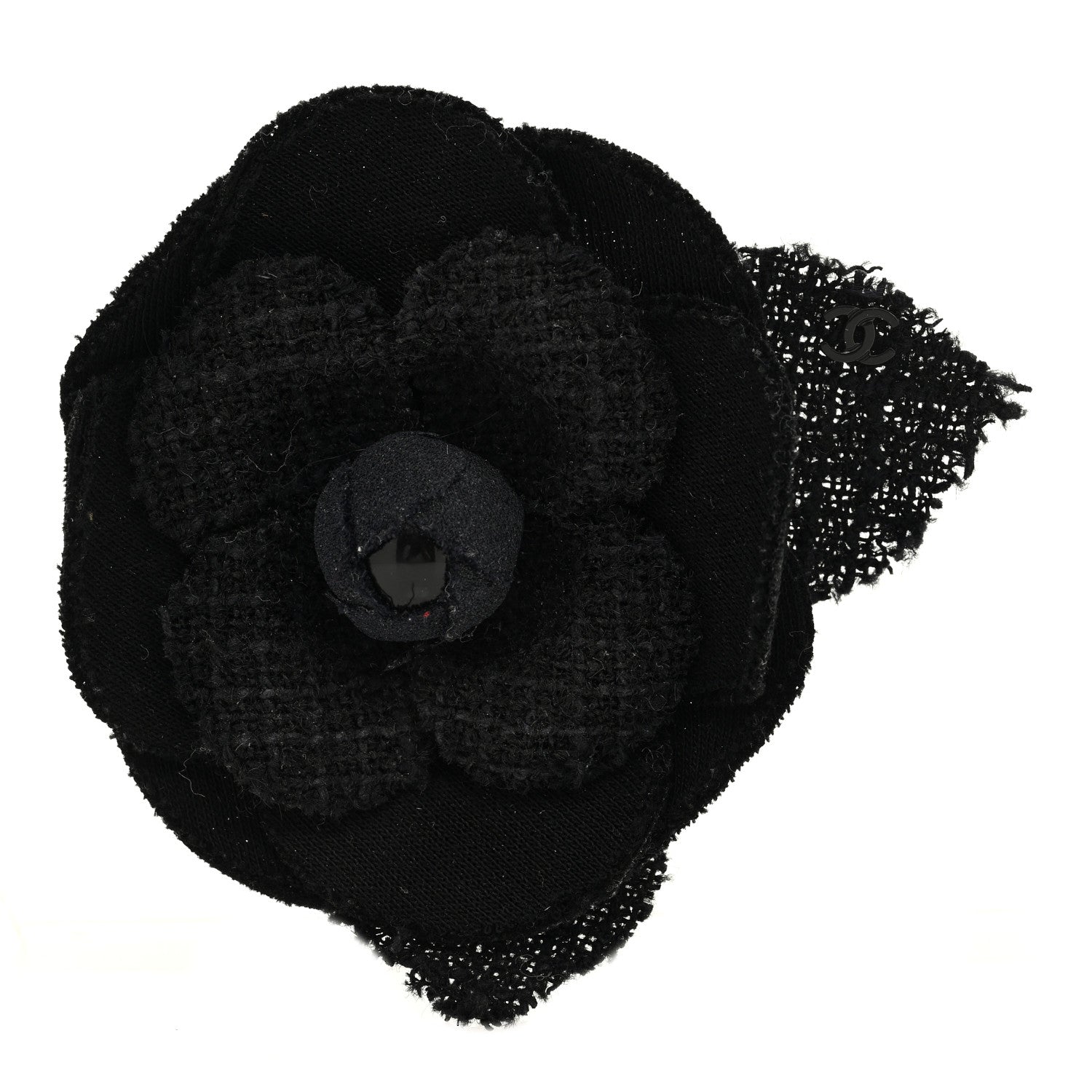 Chanel Tweed Camellia Pin Brooch Black 1 of 3