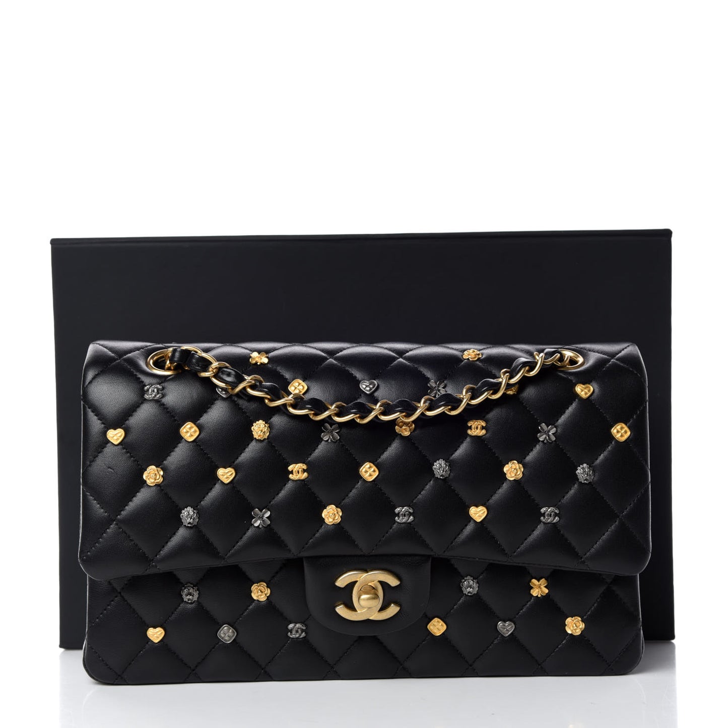 Lambskin Quilted Studded Medium Double Flap Black