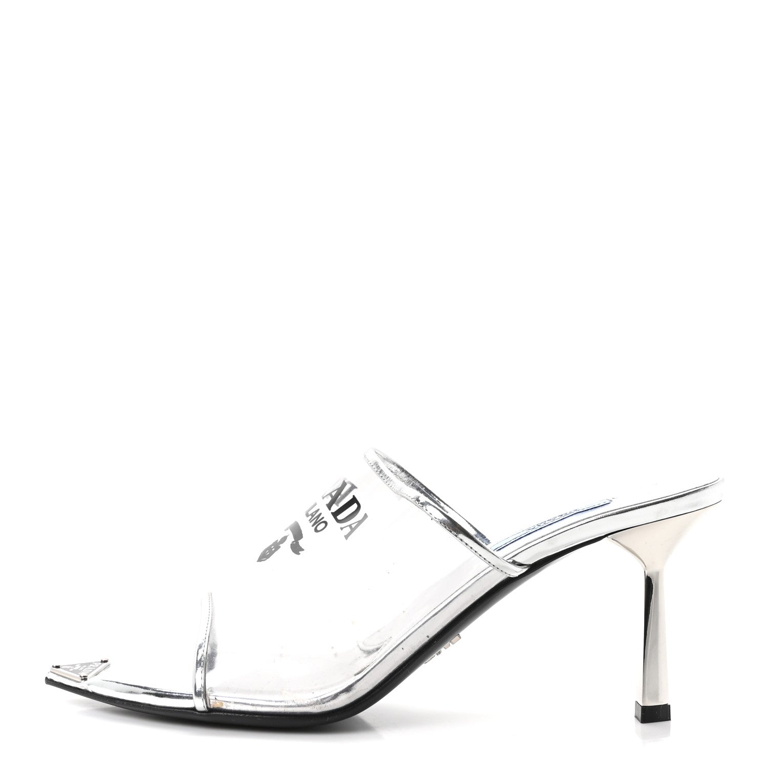 Prada Plexiglass Metallic Calfskin Metal Triangle Logo 75mm Slide Sandals 38 Argento 1 of 8