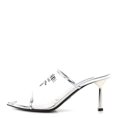 Prada Plexiglass Metallic Calfskin Metal Triangle Logo 75mm Slide Sandals 38 Argento 1 of 8