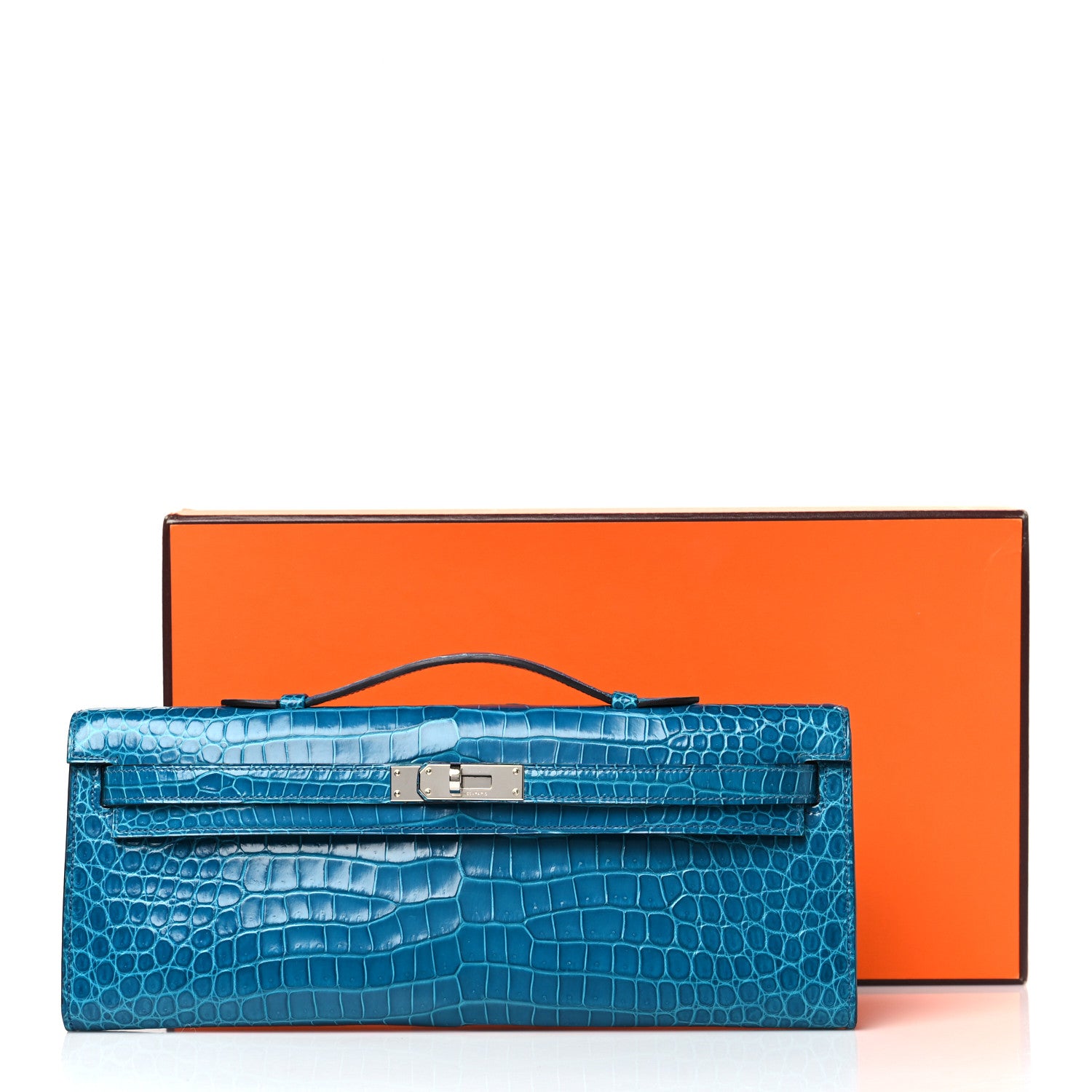 Hermes Shiny Porosus Crocodile Kelly Cut Pochette Bleu Izmir 11 of 11