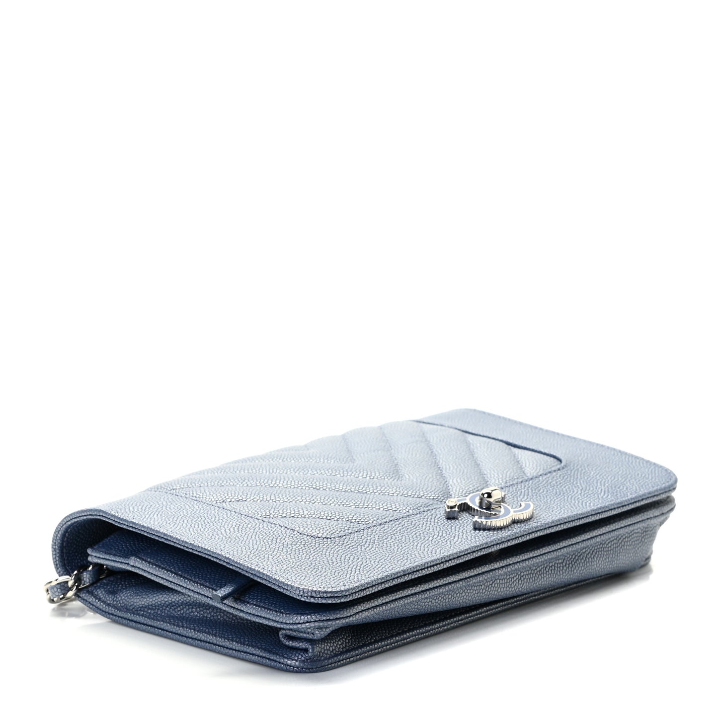 Metallic Caviar Chevron Quilted Vintage Mademoiselle Wallet On Chain WOC Blue