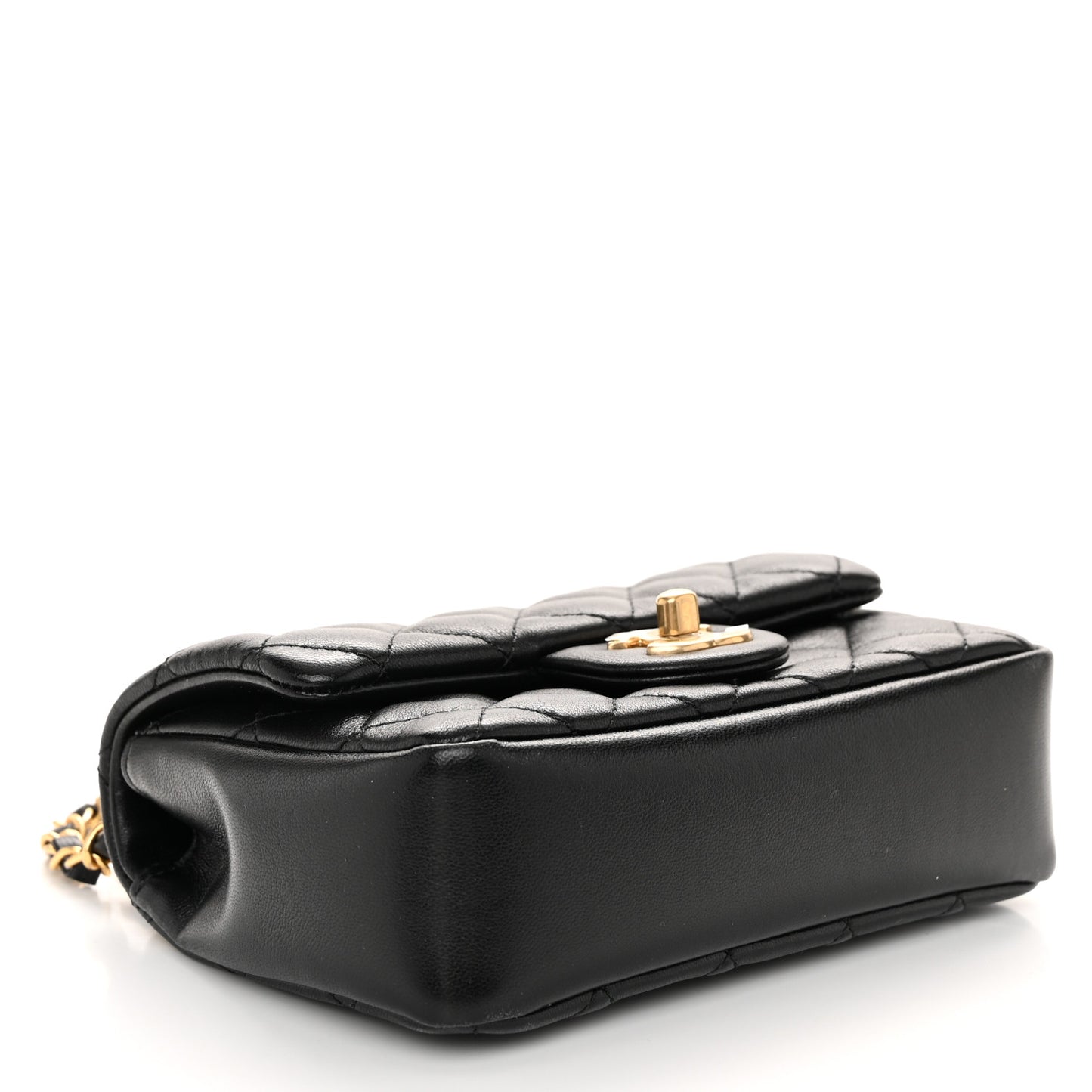 Shiny Lambskin Quilted Pearl Twist Mini Square Flap Black