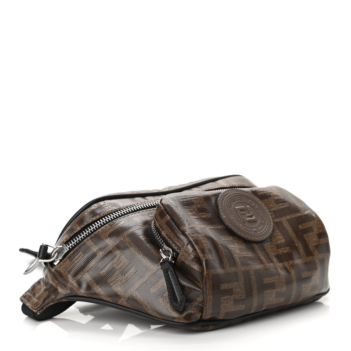 Glazed Fabric Vitello Century FF 1974 Stamp Patch Mens Pocket Belt Bag Mogano Panna Black