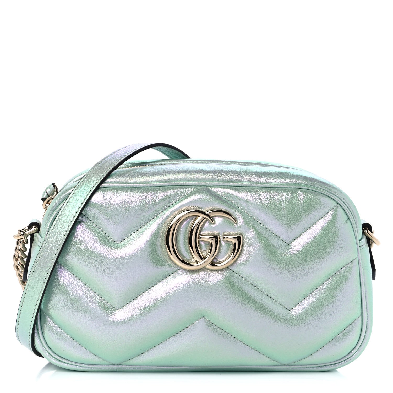 Gucci Iridescent Nappa Chevron Matelasse Small GG Marmont Chain Shoulder Bag Iridescent Salvy Green 1 of 8