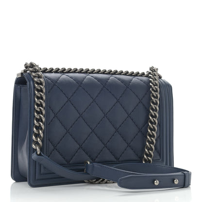 Chanel Calfskin Double Stitch New Medium Boy Flap Navy Blue 3 of 13