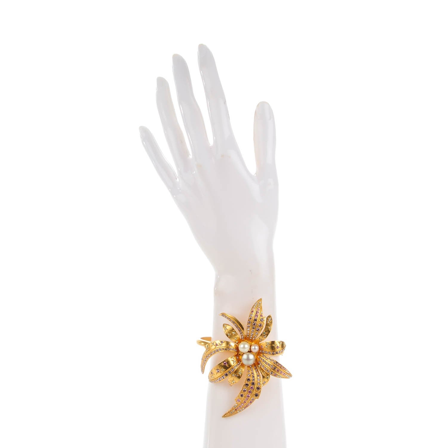 Chanel Pearl Crystal Large Palm Tree Cuff Gold 2 of 5