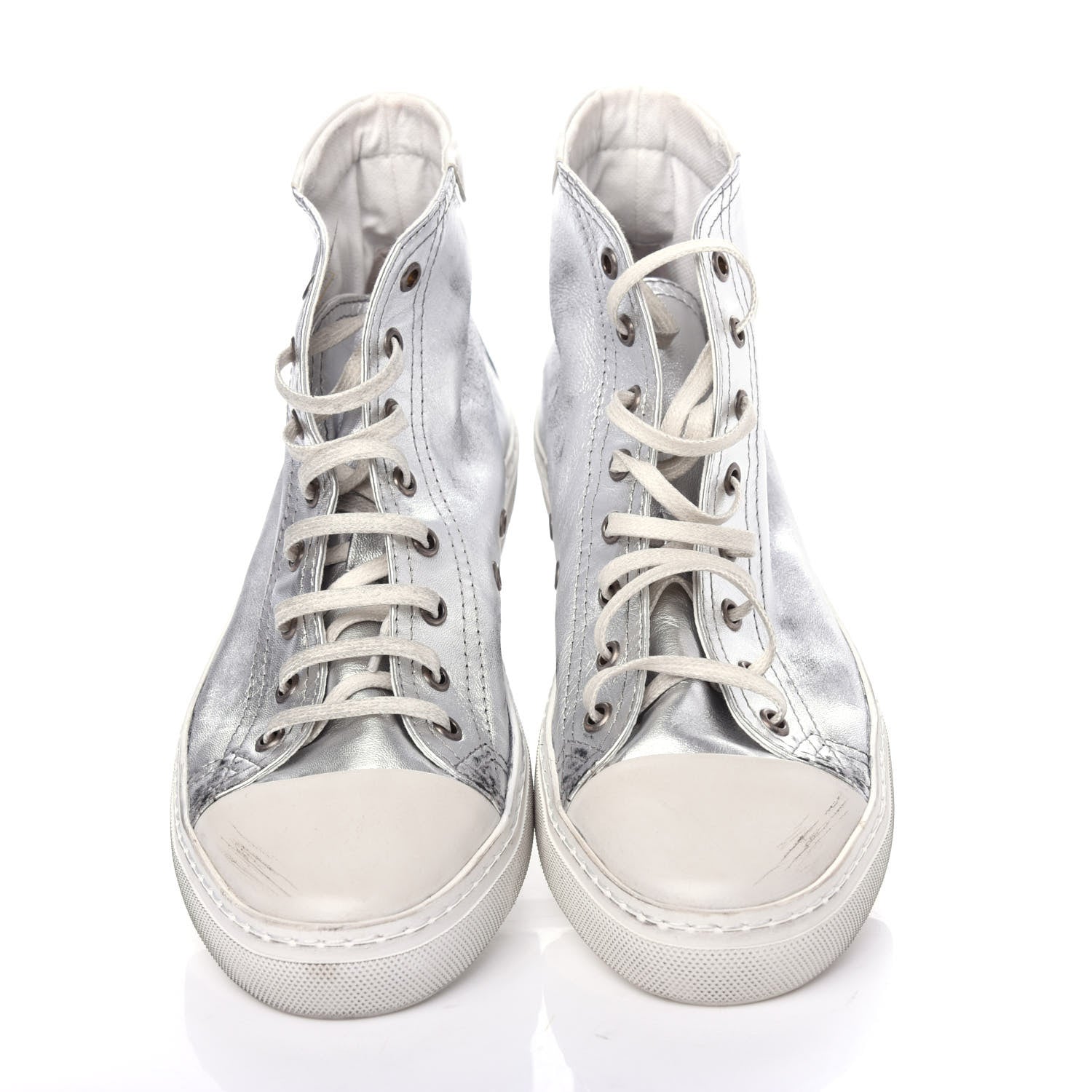 Saint Laurent Distressed Calfskin Bedford Logo-Appliqued Hightop Sneakers 40 Argento Cream White 5 of 11