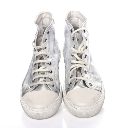 Saint Laurent Distressed Calfskin Bedford Logo-Appliqued Hightop Sneakers 40 Argento Cream White 5 of 11