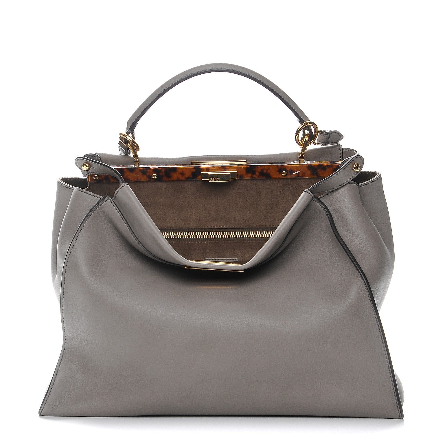 Fendi Vitello Seta Suede Plexiglass Tortoise Large Peekaboo Iconic Satchel Asfalto Marrone 1 of 8