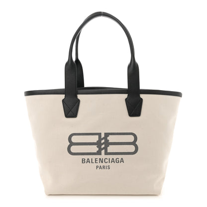 Balenciaga Cotton Canvas Calfskin BB Logo Jumbo Small Tote Bag Black White 1 of 9