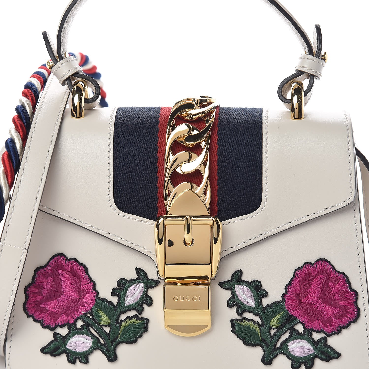 Gucci Calfskin Embroidered Mini Sylvie Top Handle Bag White 9 of 12