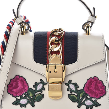 Gucci Calfskin Embroidered Mini Sylvie Top Handle Bag White 9 of 12
