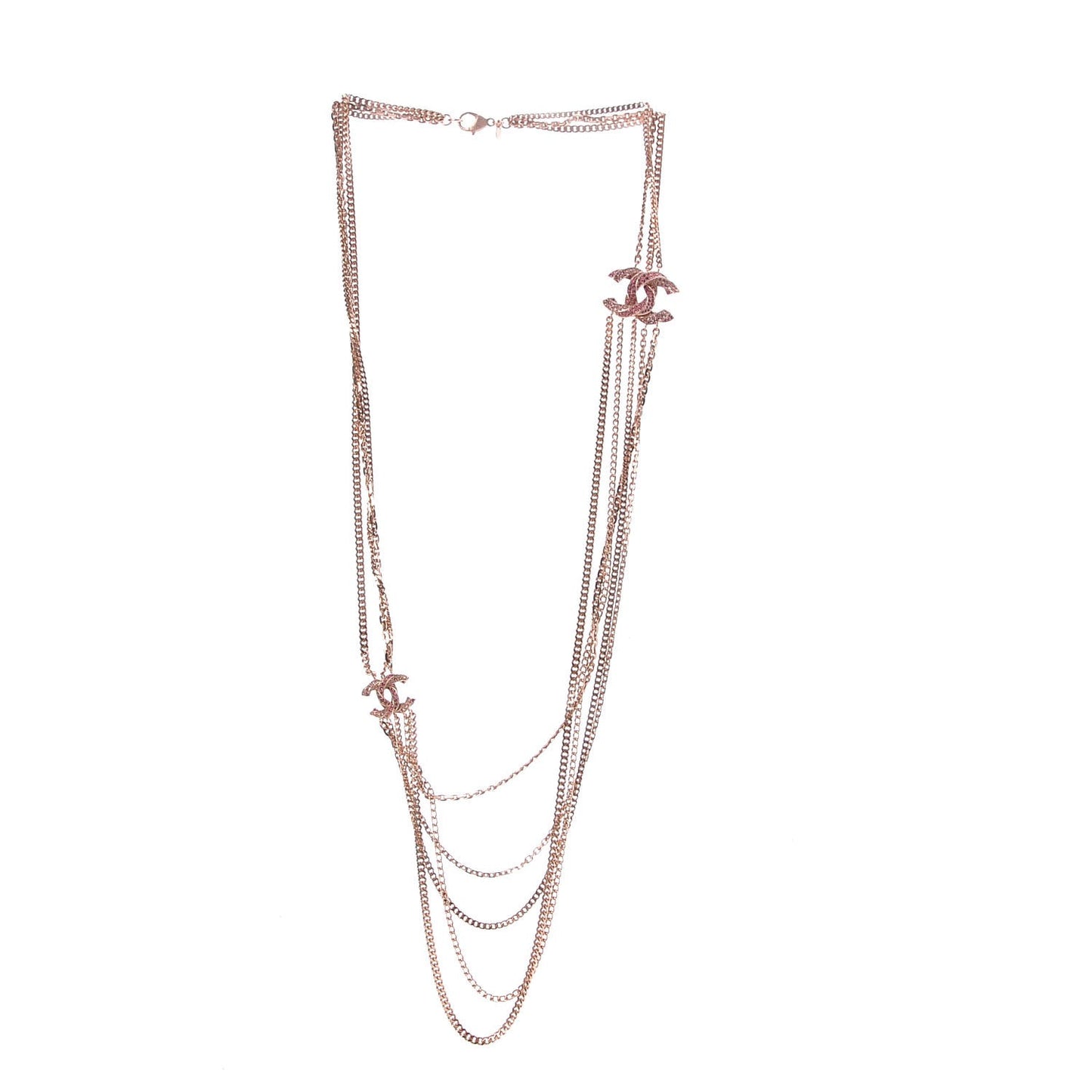 Baguette Crystal CC Multi Strand Chain Necklace Pink Gold