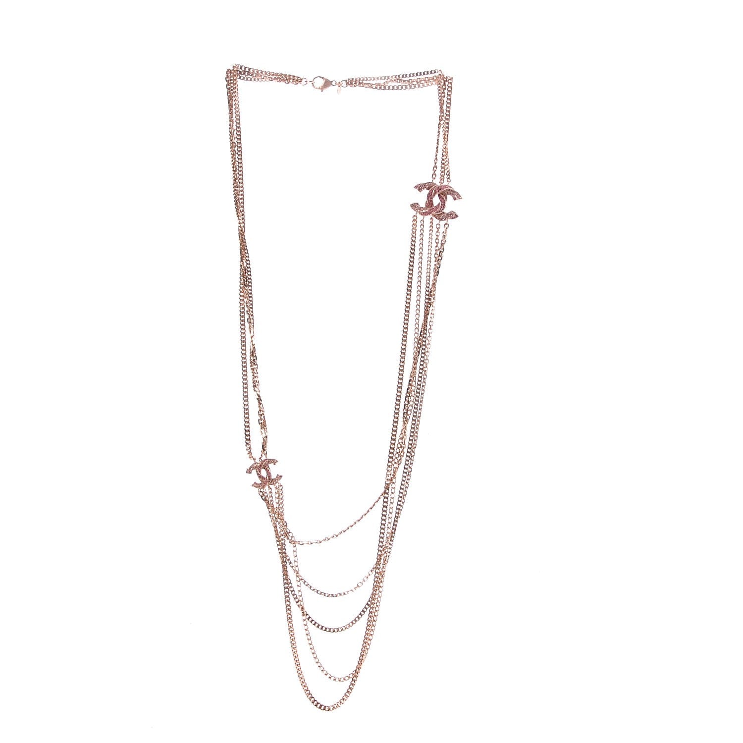 Chanel Baguette Crystal CC Multi Strand Chain Necklace Pink Gold 3 of 6